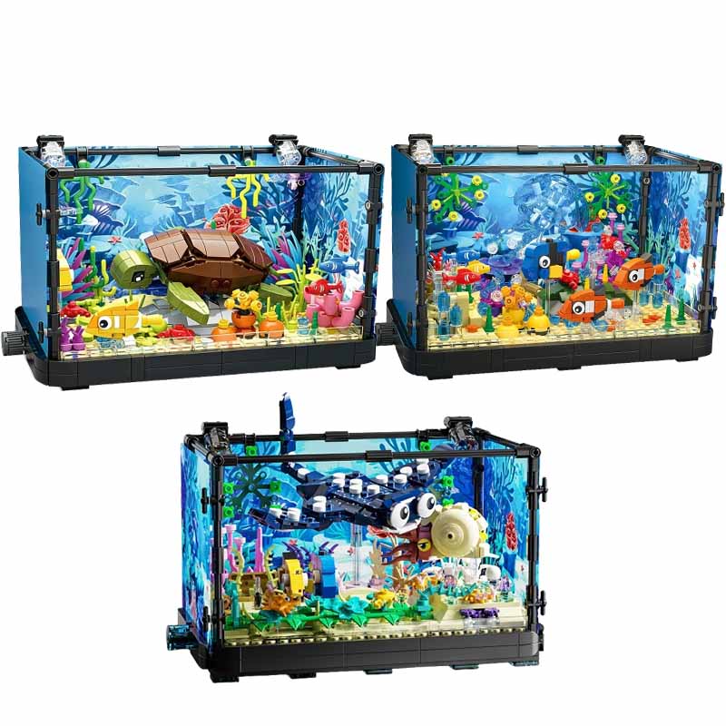 Fish Toy In Aquarium - Set Blok Bangunan Akuarium dengan Lampu,